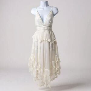 Rococo Sand Mia Maxi Dress White Lace Trim Handkerchief Hem Resort XS NWT